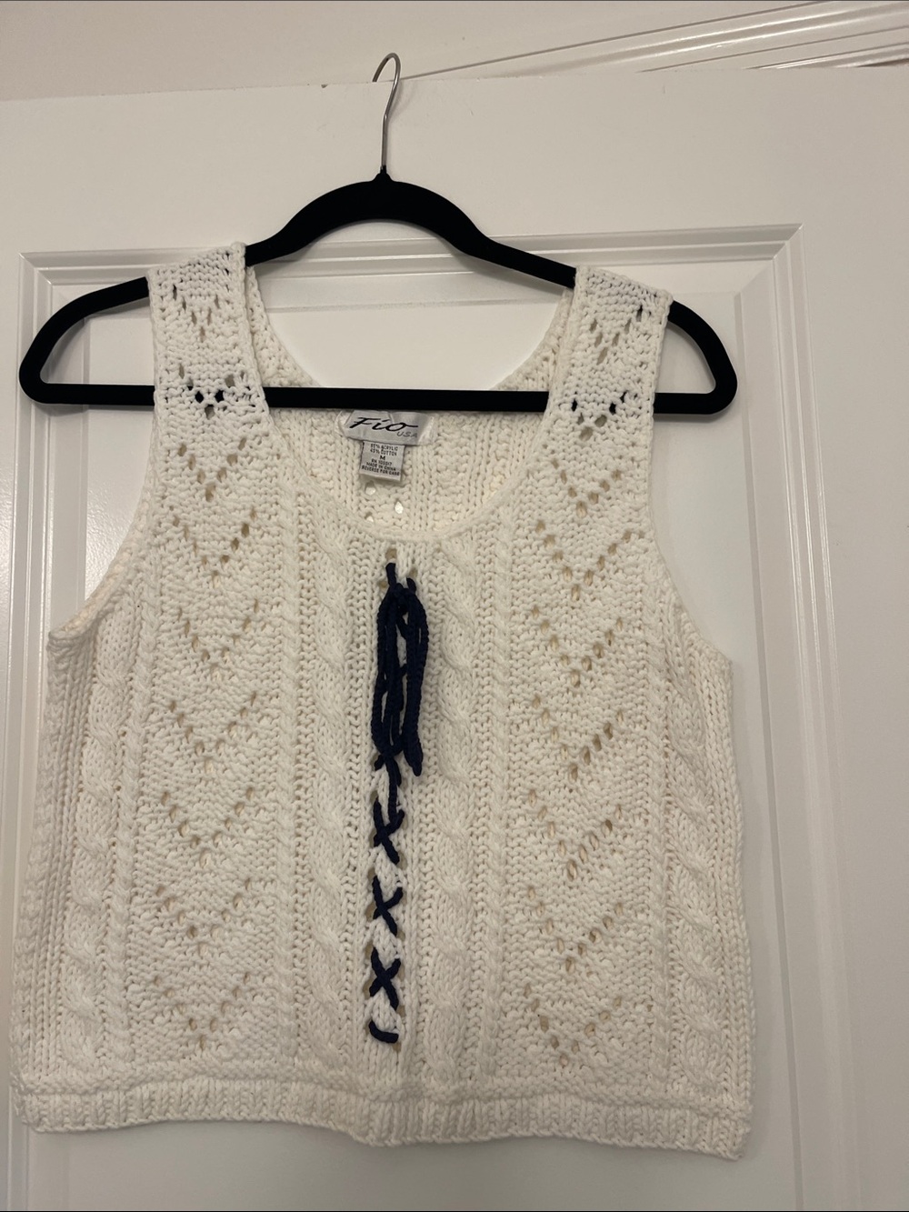 White Knit Lace-Up Tank Top with black Tie